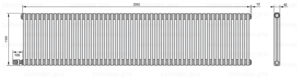 Схема (чертеж) Радиатор Zehnder Charleston 2110/52 №V004 Белый глянцевый RAL 9016